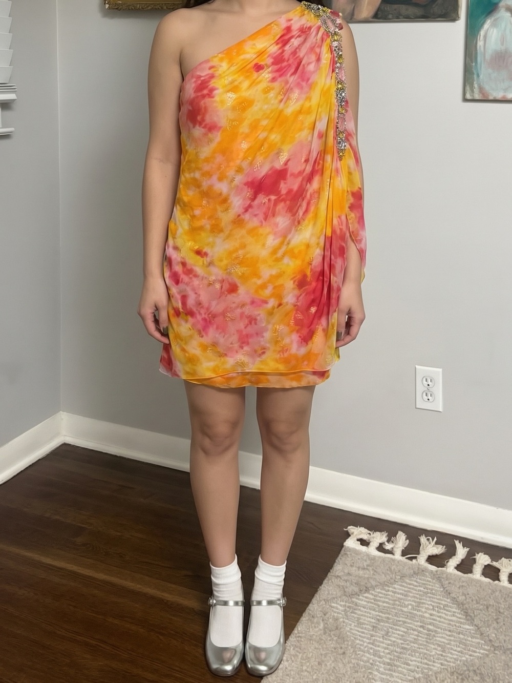Terani Couture One-Shoulder Pink & OrangeTie-Dye Cocktail Dress